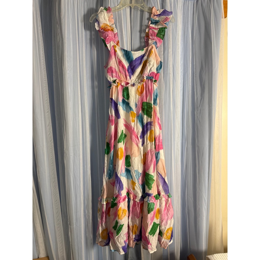 Blu Pepper Maxi Dress Womens L Multi Color Good Abstract Ruffle‎ Tiered Summer